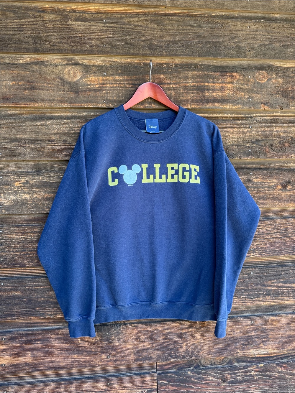 Disney Navy Crewneck Sweatshirt with Yellow COLLEGE Graphic Women’s Lg